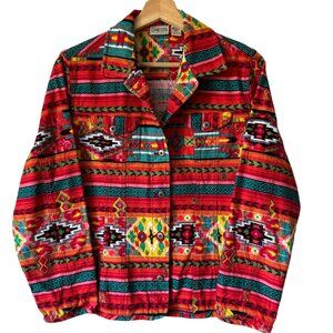 Chico's Sz 2 US Lg Shacket Jacket Shirt Aztec Southwestern Western Print Cotton